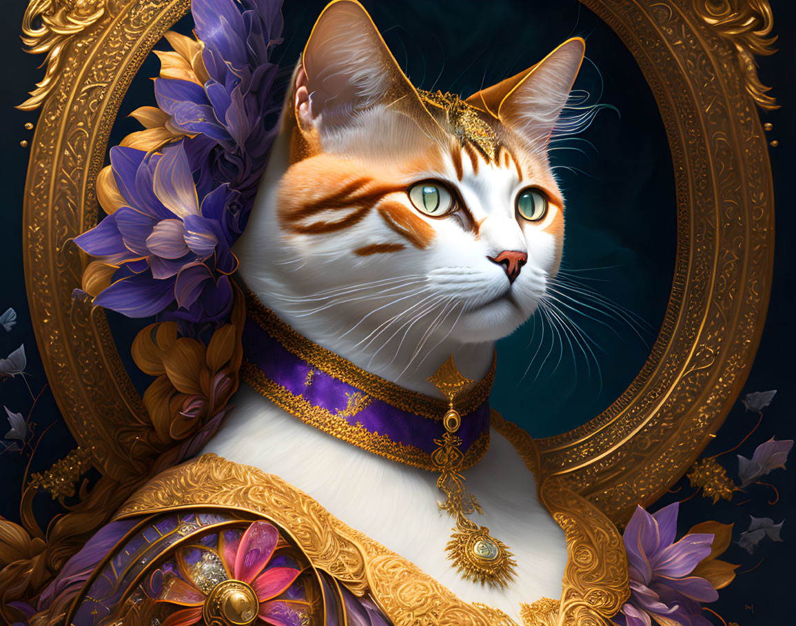 Regal cat illustration with golden accessories and purple cloak in ornate frame