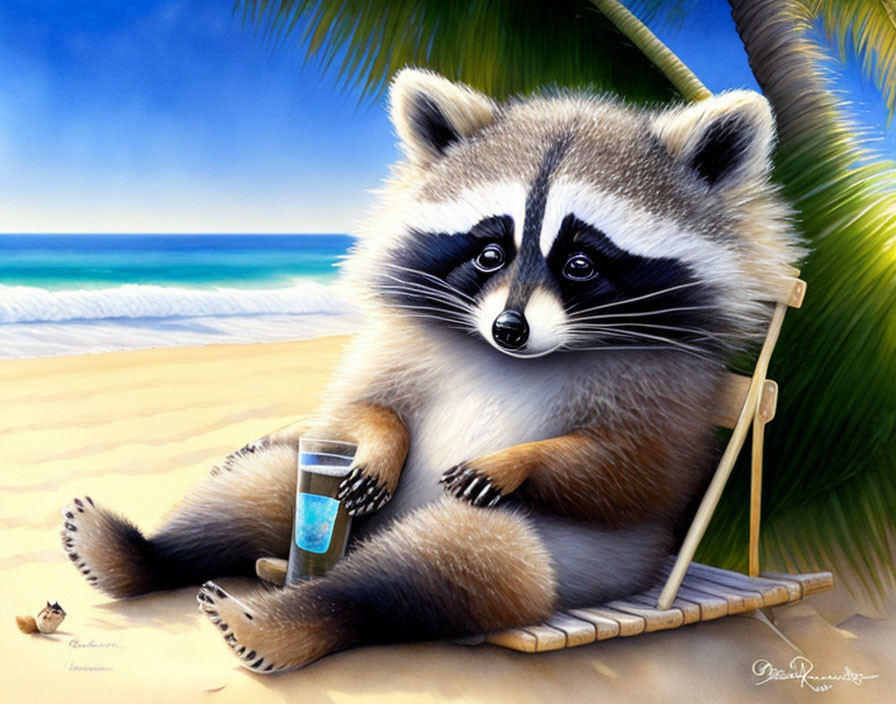 Whimsical raccoon on beach chair with drink, palm tree, ocean in background