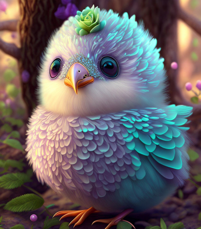 Whimsical illustration of cute bird with blue feathers and plant on head