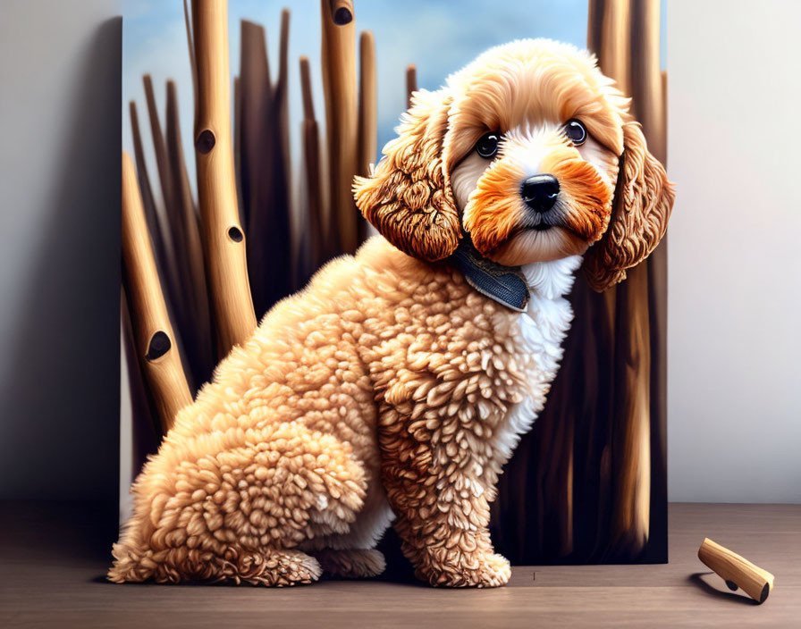 Fluffy Dog with Bow Tie on Wooden Planks and Reeds