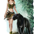 Digital illustration: Young woman with blond hair, stylish outfit, black dog, foliage background