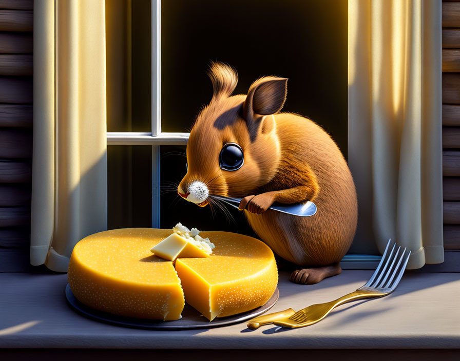 Animated squirrel slicing cheese near window with golden curtains under warm light