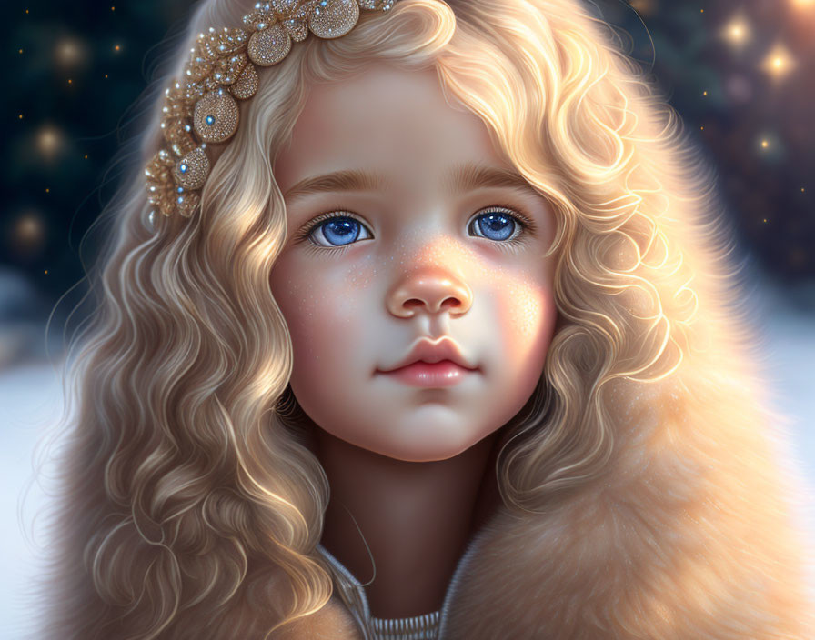 Portrait of Young Girl with Curly Blonde Hair and Blue Eyes