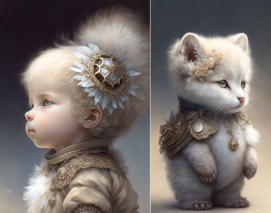 Digital art diptych: Child and kitten in aristocratic attire, golden tones, pearls & jewels