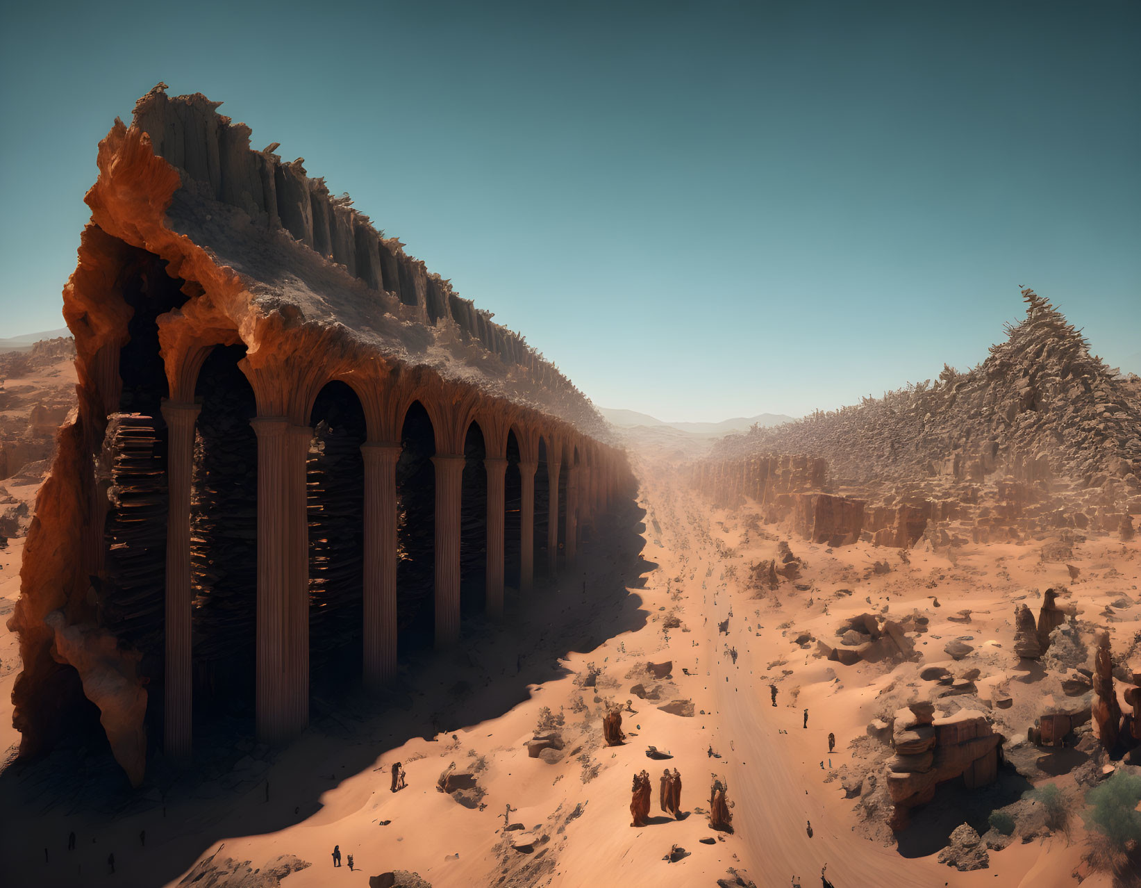 Elongated aqueduct in vast desert landscape