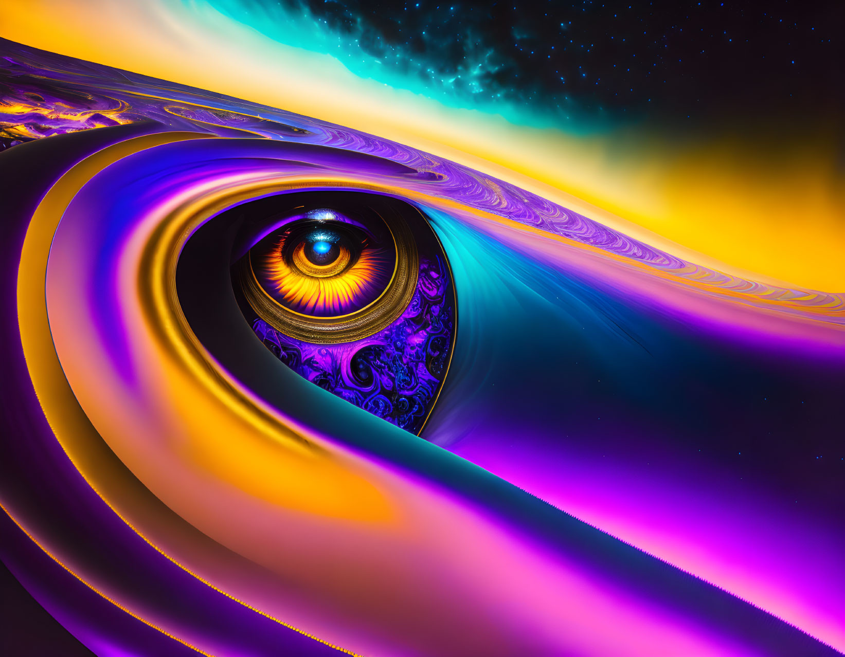 Vibrant surreal image: eye in cosmic swirls and starry sky