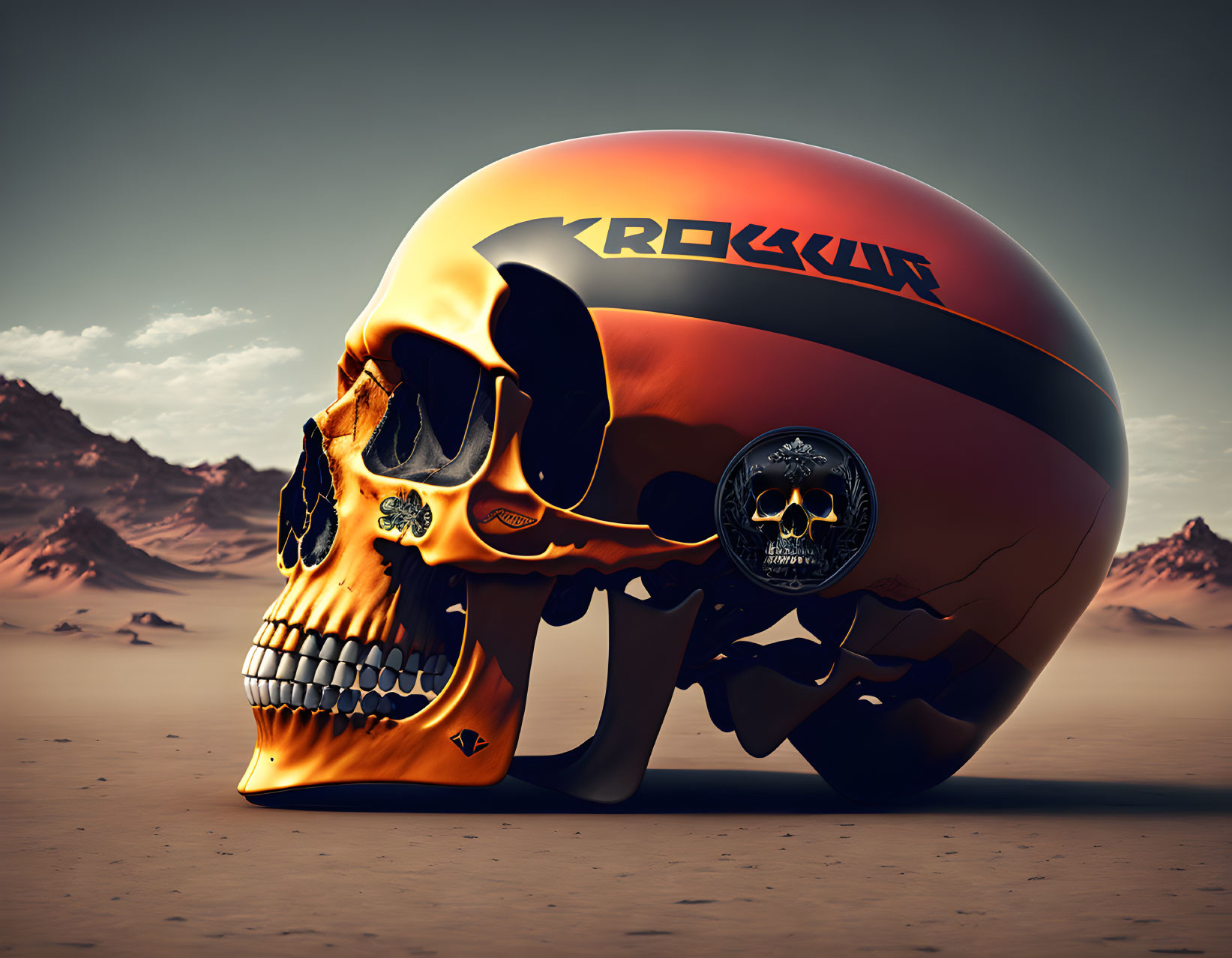 Digital rendering of skull in orange-black motorcycle helmet in desert.