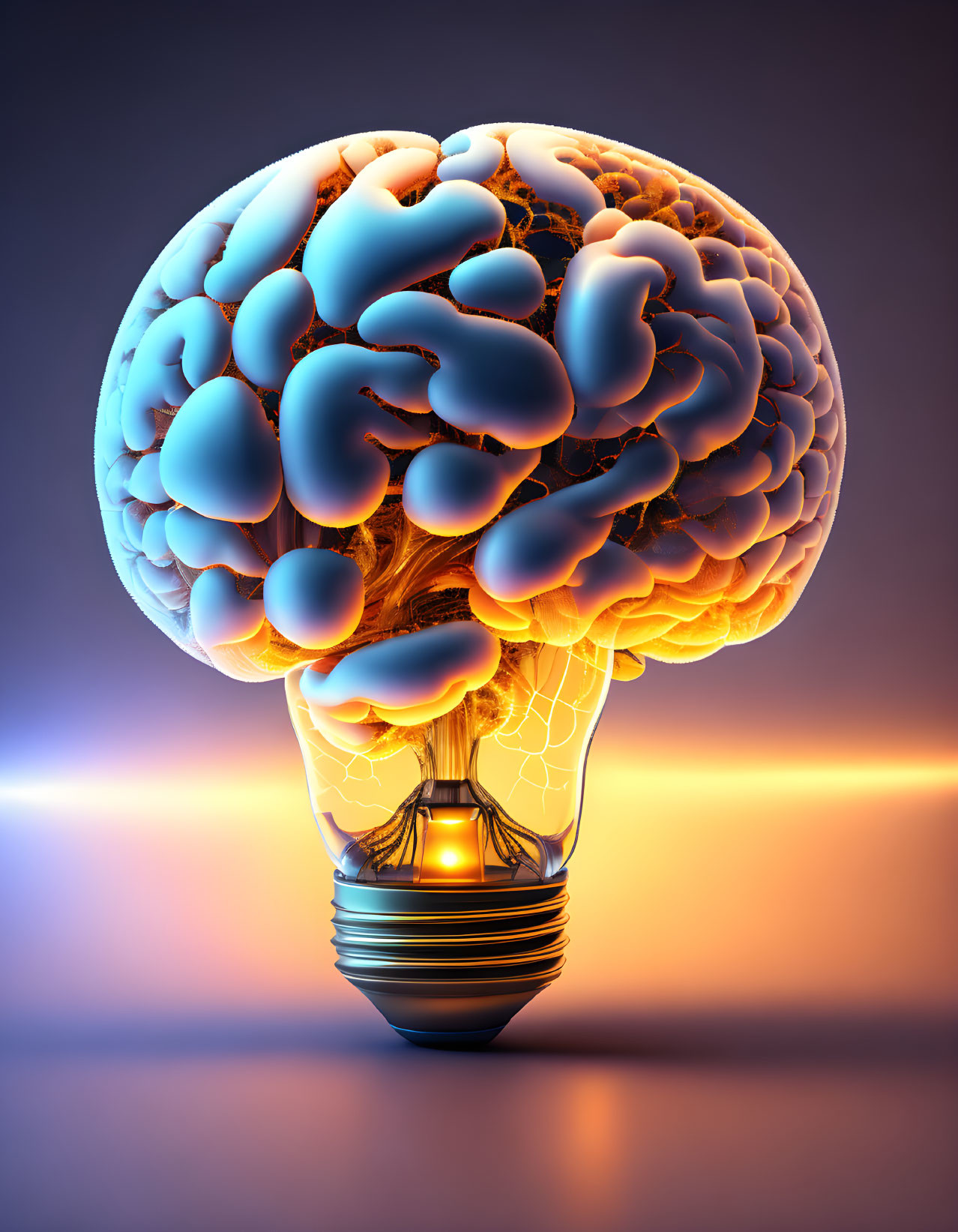 Digital illustration of brain-lightbulb fusion on gradient backdrop