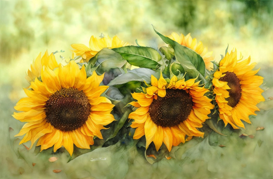 Vibrant sunflowers watercolor painting with green leaves on soft background