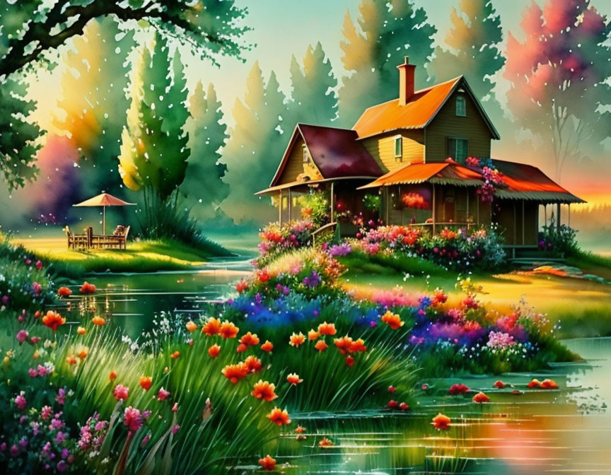 Tranquil landscape with vibrant flowers, pond, house, dock, and gazebo