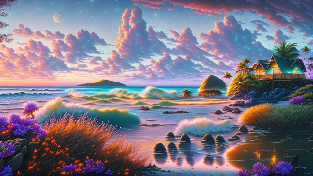 Twilight beach scene with thatched hut, rolling waves, colorful sky, flowers, and distant moon