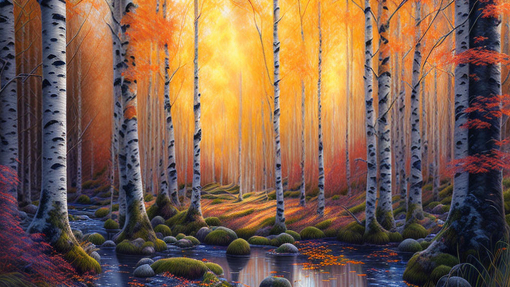 Tranquil autumn forest scene with birch trees, golden leaves, stream, mossy rocks