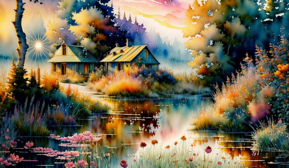 Scenic lakeside cabin painting with colorful flora and sunset reflection