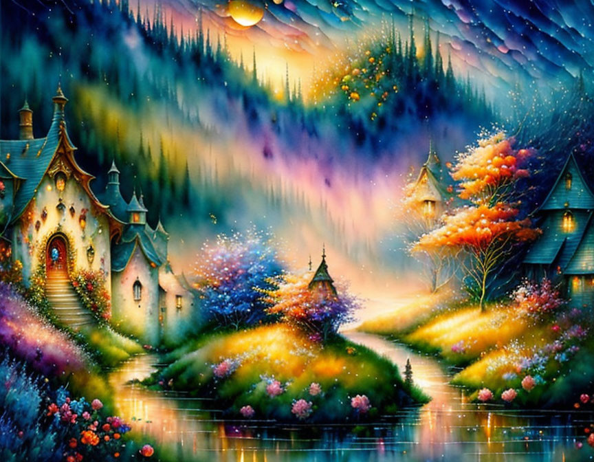 Fantasy landscape with colorful flora, whimsical houses, serene river, and starry sky