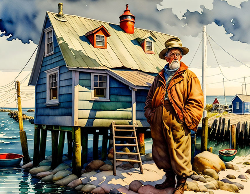 Elderly man in coat and hat by colorful stilt house with lighthouse