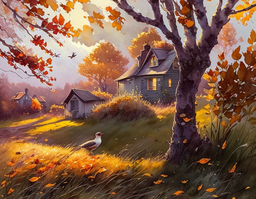 Tranquil autumn landscape with cozy house, colorful trees, fallen leaves, bird, and warm light