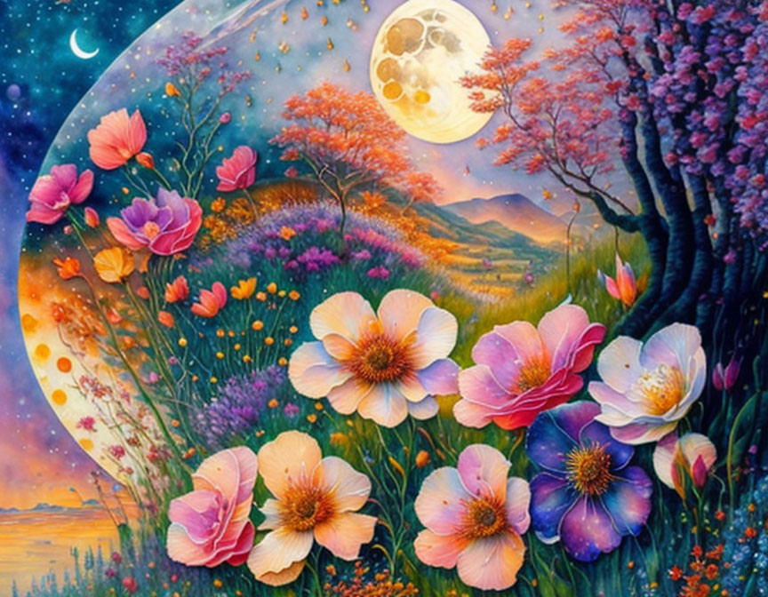 Colorful painting of lush landscape with blooming flowers and moons