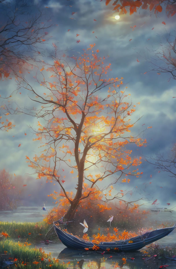 Tranquil autumn landscape with illuminated tree, misty water, and subdued sun