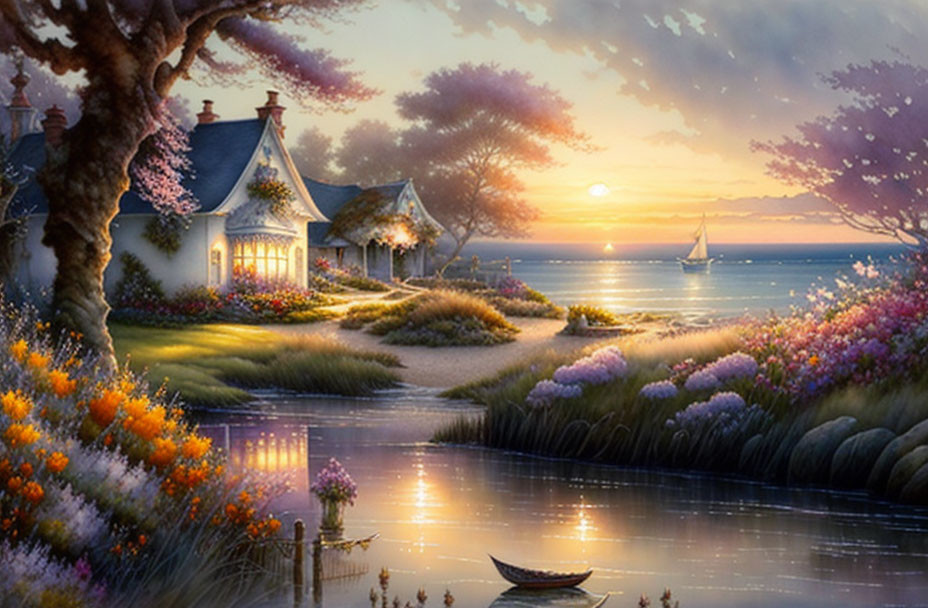 Tranquil sunset scene: cottage by lake, lush flowers, sailboat & rowboat.