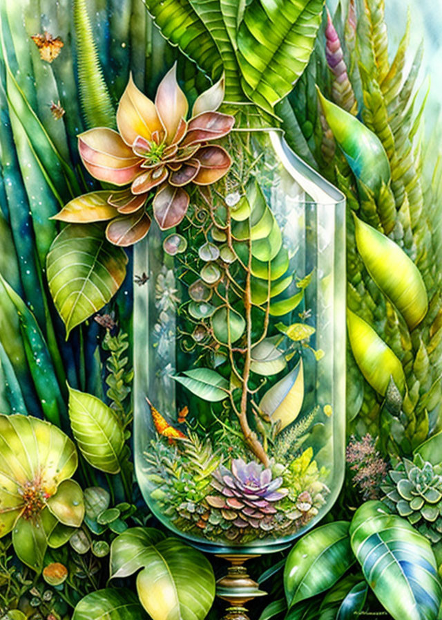 Colorful Plant Illustration in Glass Terrarium with Mystical Glow