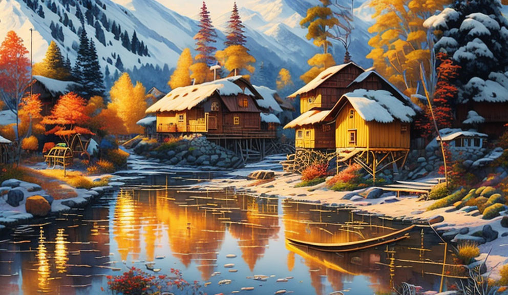 Tranquil autumn landscape with wooden cabins, lake, snow-capped mountains.