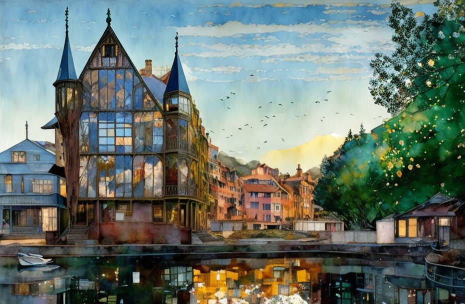 Whimsical town watercolor with vibrant buildings by a calm river