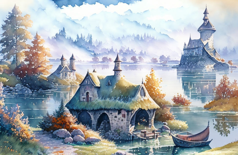 Serene watercolor painting of lake, cottage, castle, autumn trees, misty mountains