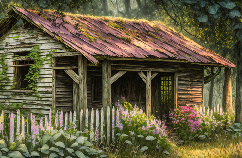 Weathered wooden cabin with rusted metal roof in serene wooded landscape