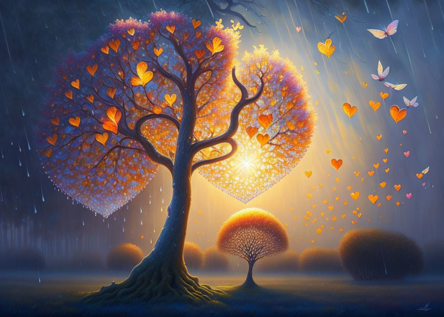 Colorful painting of vibrant tree with heart-shaped leaves, butterflies, smaller trees, sunset, rain