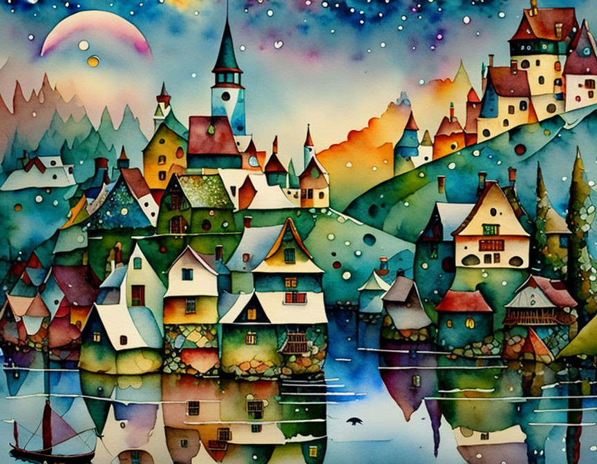 Whimsical houses in colorful storybook village by reflective lake