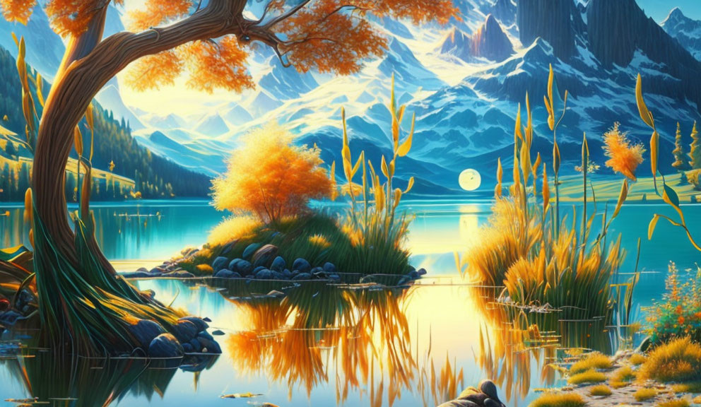 Serene lake landscape with golden foliage and snow-capped mountains