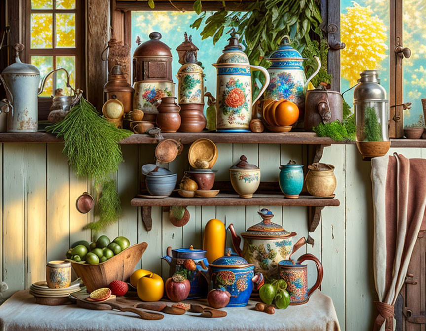 Rustic kitchen with ceramic pottery, fruits, and yellow flowers view