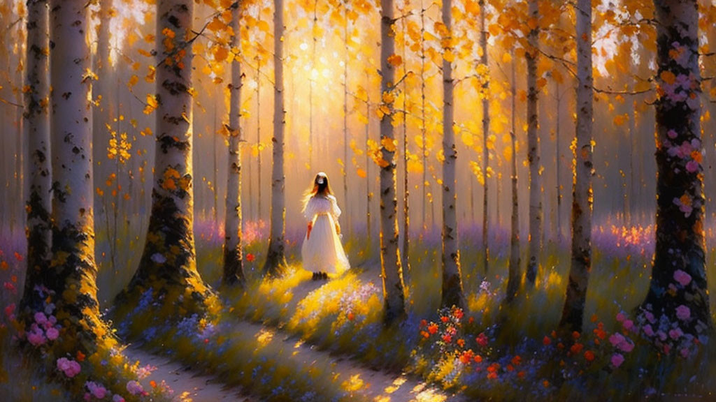 Woman in white dress surrounded by colorful forest scene