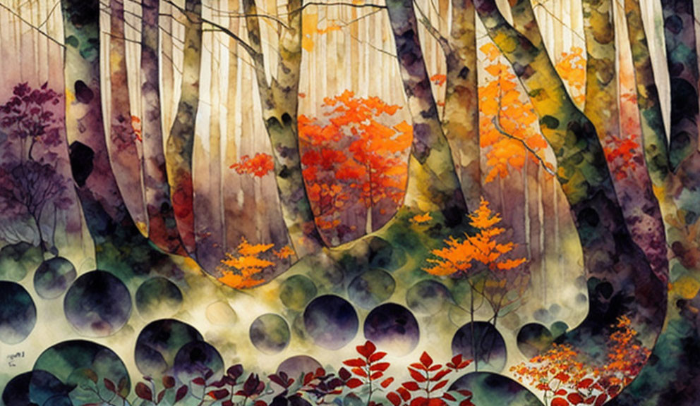 Colorful Autumn Forest Watercolor Painting with Whimsical Dark Circles