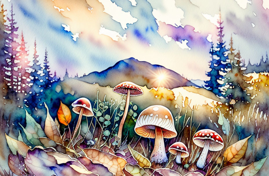 Colorful Watercolor Illustration of Mushrooms, Trees, and Mountains