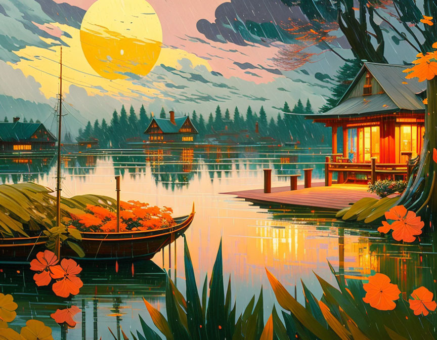 Tranquil lakeside sunset with cozy cabins, boat, flowers, and lush greenery