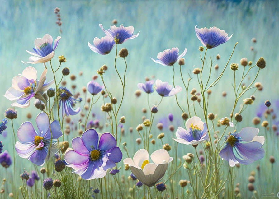 Delicate Purple and White Cosmos Flowers in Dreamy Meadow