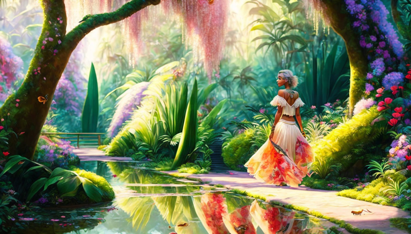 Woman strolling in vibrant enchanted forest with pink flowers, greenery, pond, and butterflies.