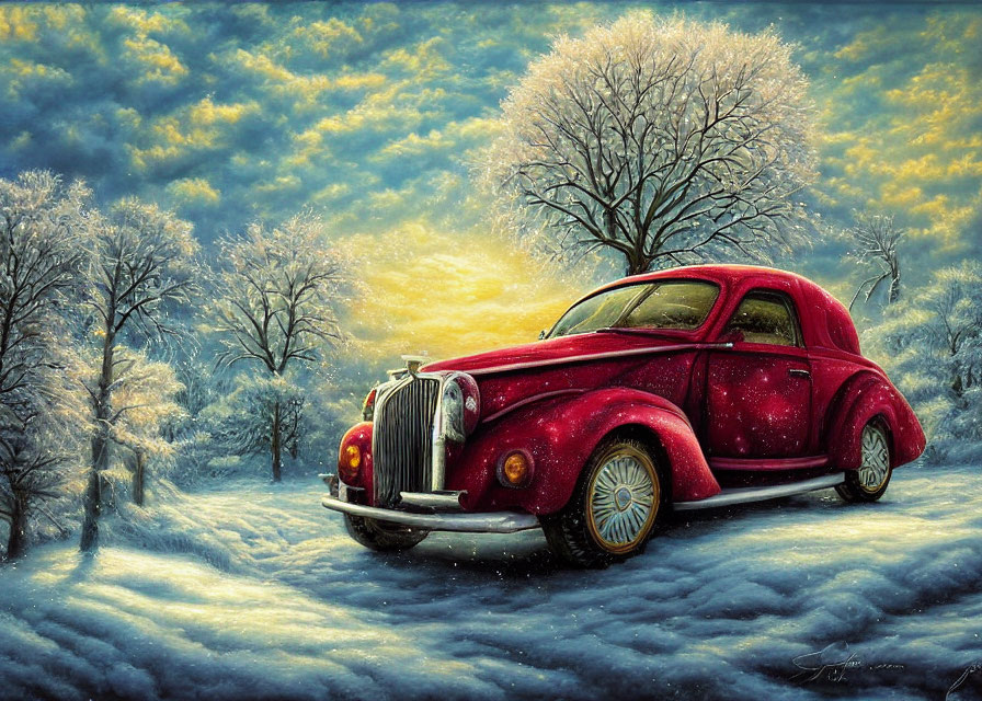 Vintage Red Car in Snowy Landscape with Bare Trees and Golden-lit Sky