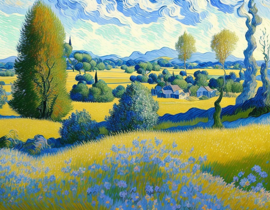 Colorful landscape painting: field of yellow flowers, trees, distant church, swirling blue sky