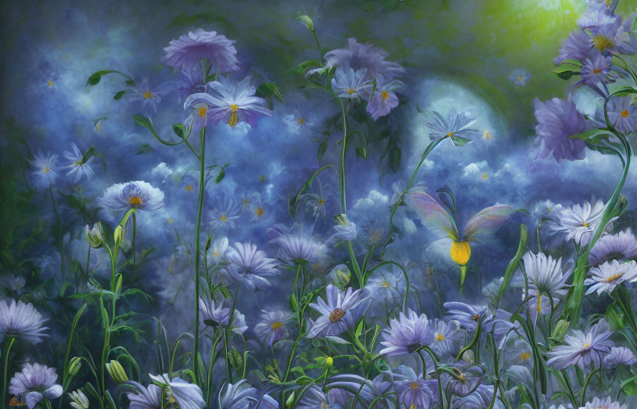 Purple and White Flowers in Mystical Garden Scene