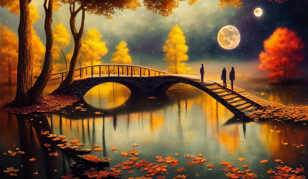 Tranquil autumn landscape with stone bridge, lake, colorful trees, full moon, and scattered leaves