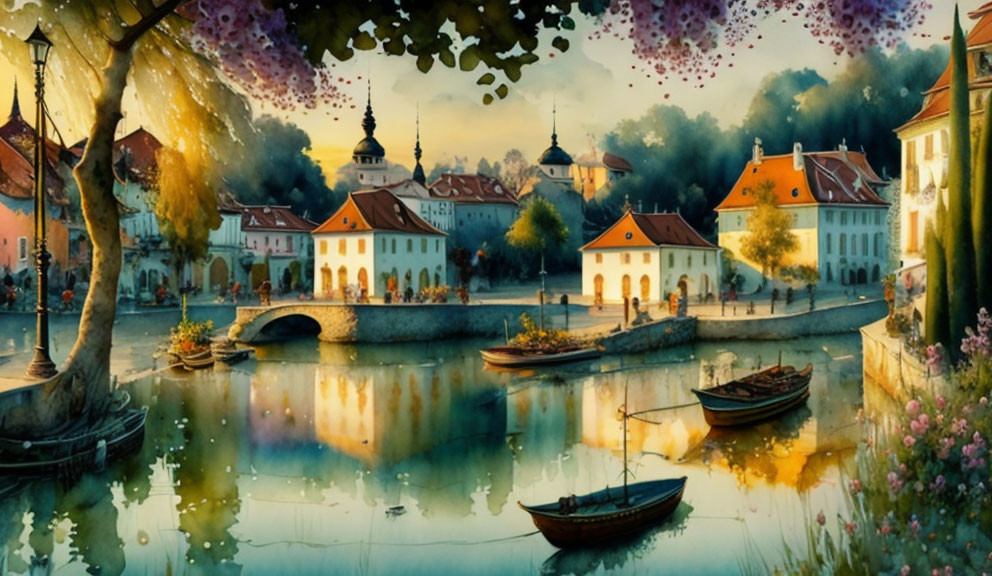 Scenic riverside view with boats, flowers, and European architecture