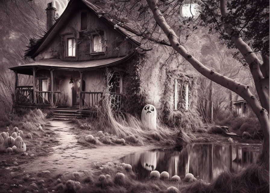 Sepia-Toned Mystical Scene: Old Cottage, Fog, Ghostly Figure, Full Moon