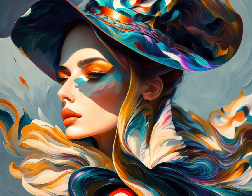 Colorful digital artwork: Woman with flowing hair and ornate hat in wavy style