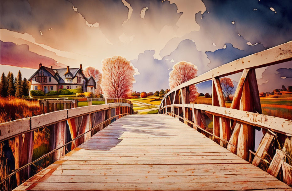 Wooden bridge to house amid autumn trees under stormy sky