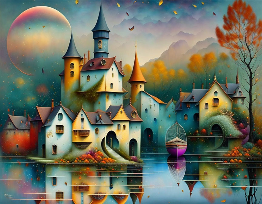 Majestic castle with spires, autumn trees, hot air balloons, and moonlit sky