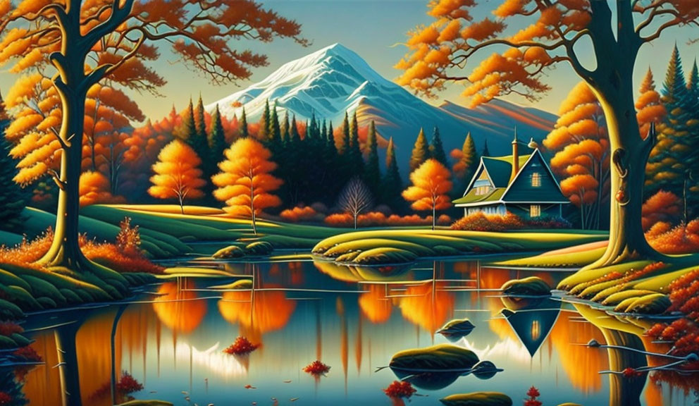 Serene autumn landscape with orange trees, lake reflection, mountain backdrop, and quaint house.