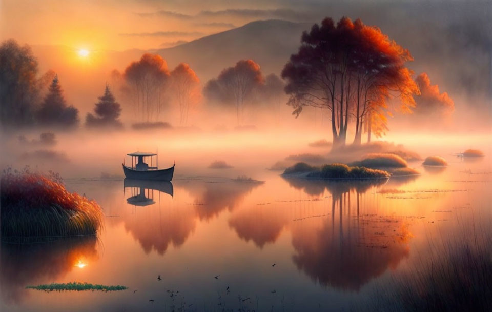 Misty Lake Sunrise with Autumn Trees and Boat