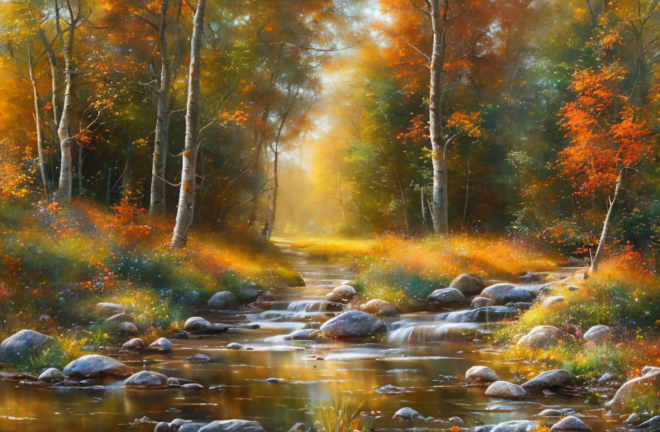 Tranquil autumn forest with meandering creek